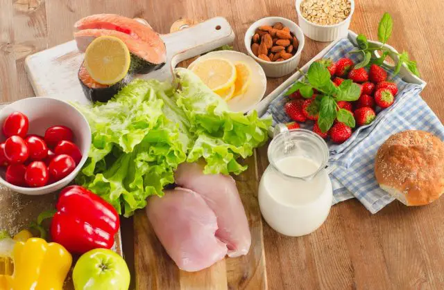 Balanced diet, healthy food concept on wooden table