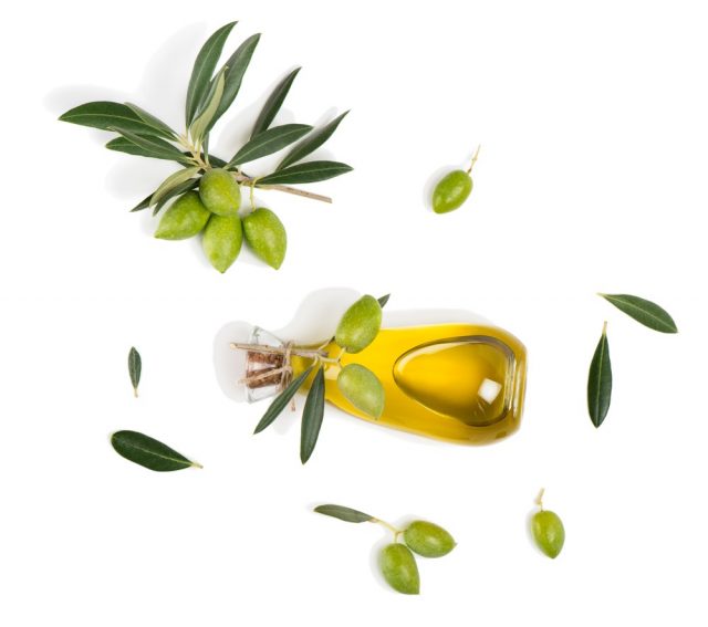 Top view of branch with green olives and a bottle of olive oil