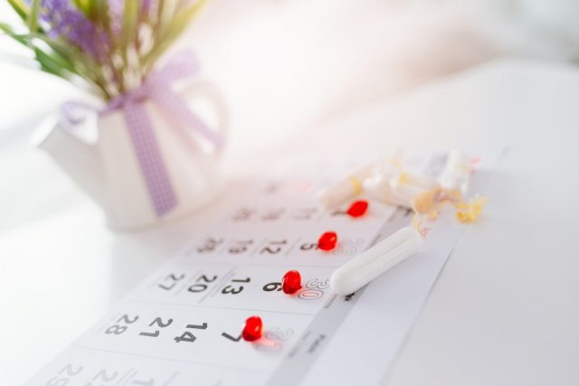 Woman hygiene protection, menstruation calendar and clean cotton tampons. Marked menstruation days