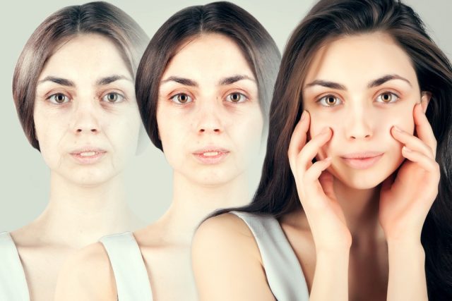 Brunette woman portrait with old skin