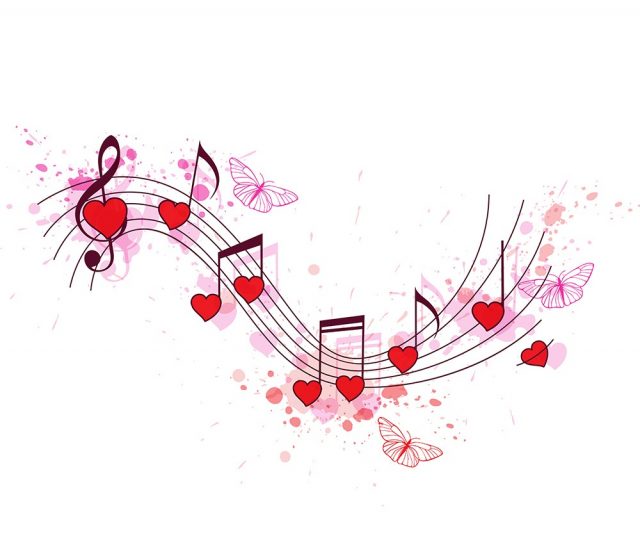Romantic music background with notes and red hearts