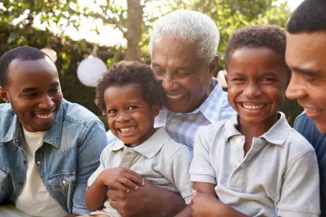 Persistent Depressive Disorder: Multi generation male family members gathered in a garden