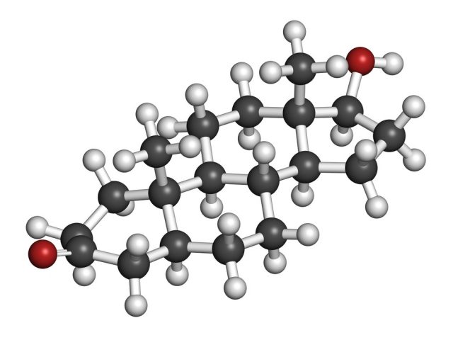 Dihydrotestosterone (DHT, androstanolone, stanolone) hormone molecule.