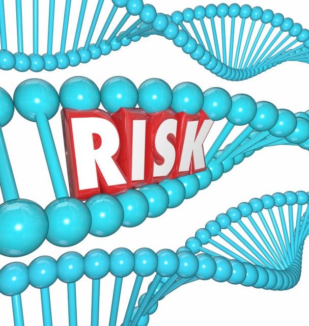 Risk word in 3d letters within a DNA strand as screening or testing for diseases or conditions in your genetic make-up as hereditary factors running in the family