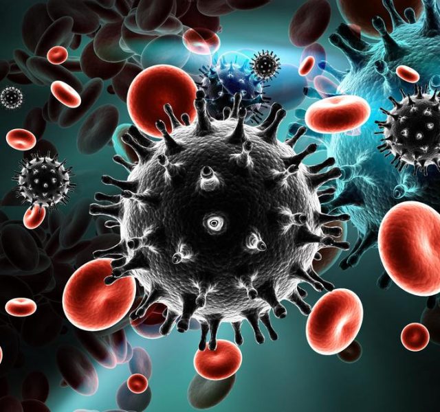 Digital illustration of HIV Virus in Blood Stream