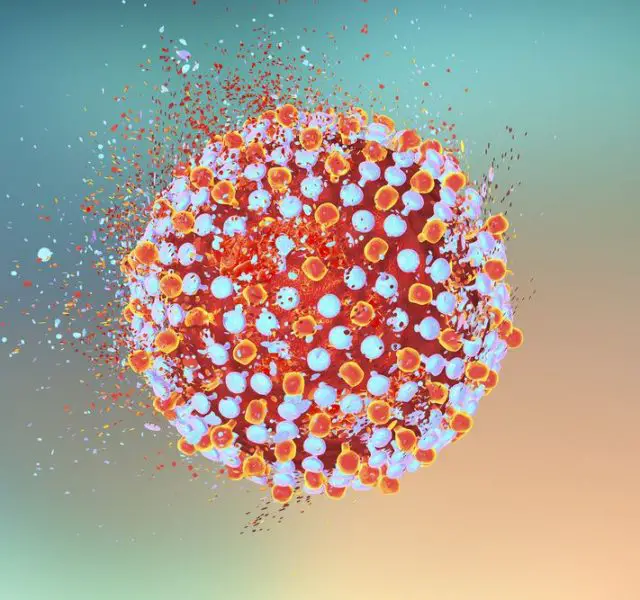 Destruction of hepatitis C virus, 3D illustration. Conceptual image for hepatitis C treatment